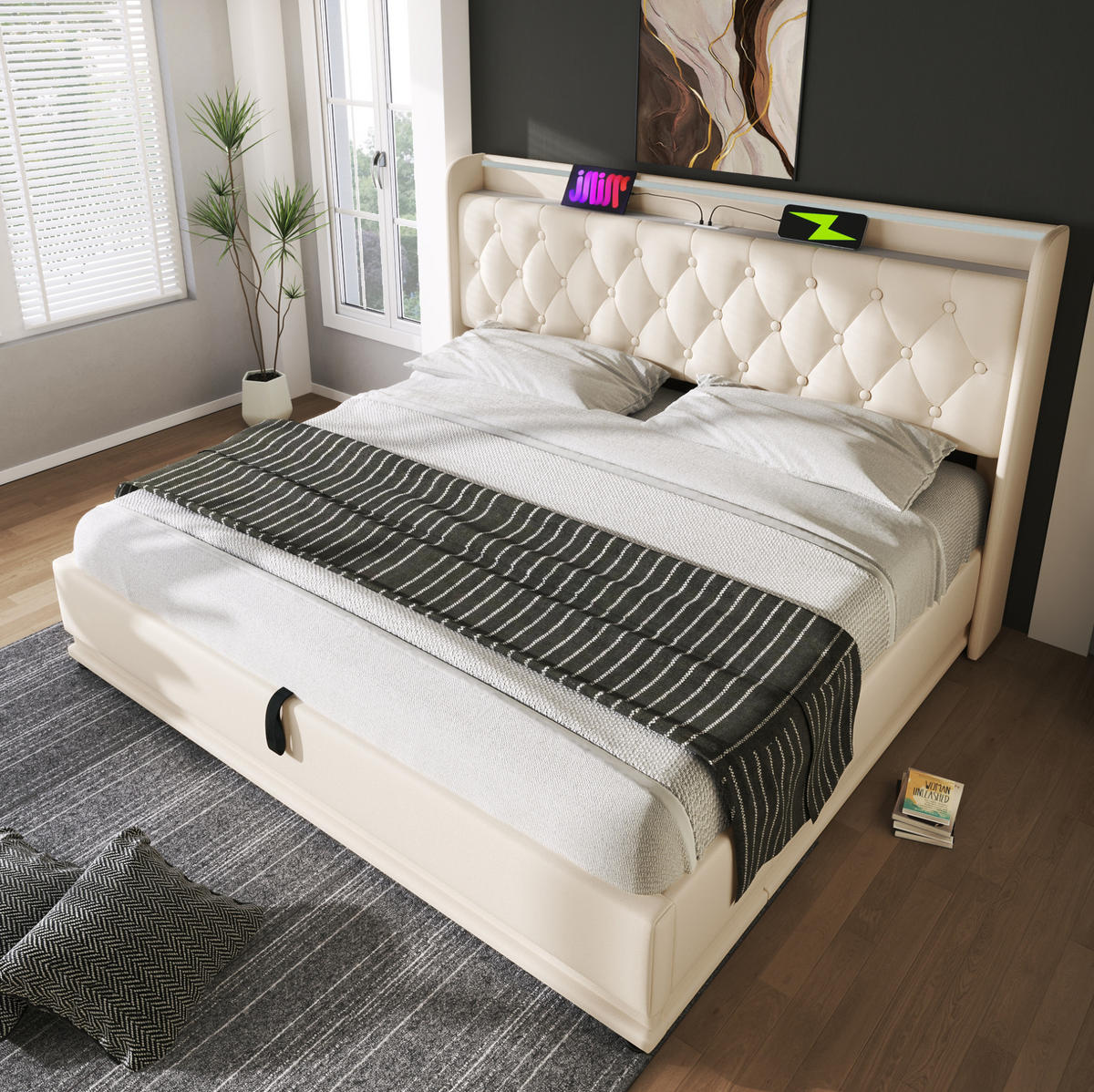 POLSTERBETT aus Kunstleder 180x200 cm in Weiß mit LED & USB-C-Ladefunktion - Weiß, Leder (180/200cm) - Modfu