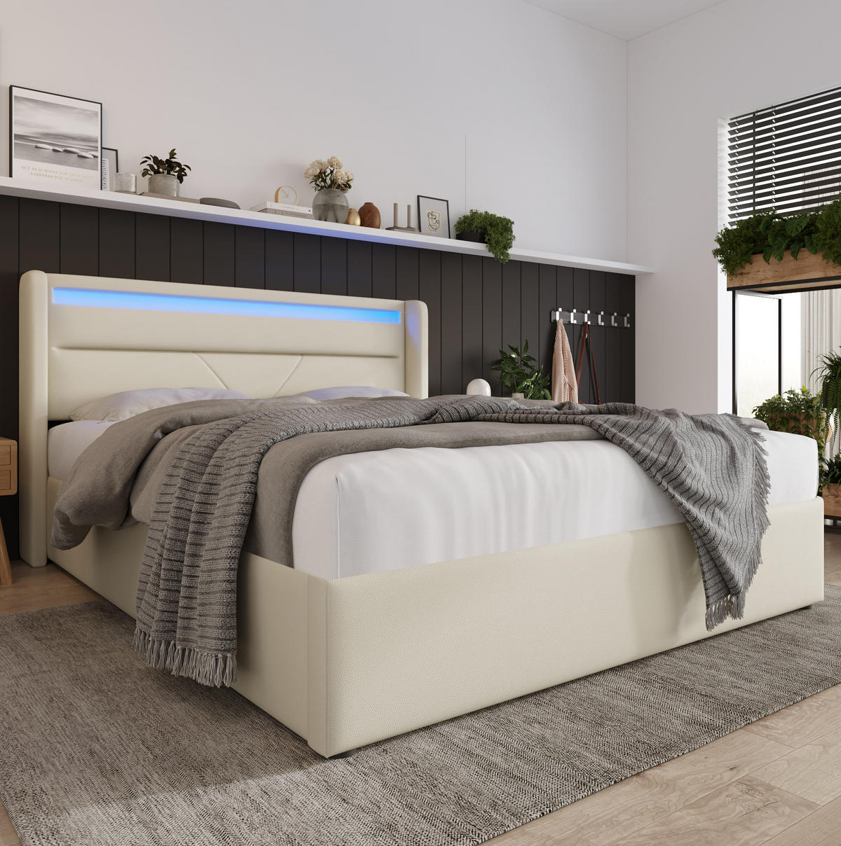 POLSTERBETT mit LED und Bettkasten 140x200 cm PU Weiß inklusive Matratze - Weiß, Metall (140/200cm) - Meubliv