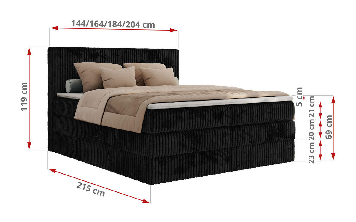 BOXSPRINGBETT TILIANO KING - 200/200 - Schwarz Cord - H4 - Schwarz, Holz/Textil (200/200cm) - MKS