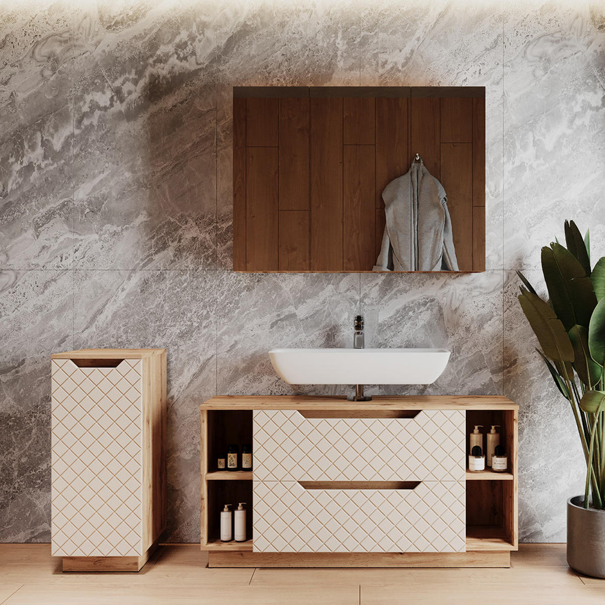 BADMÖBEL-SET Lotta Eiche/Kaschmir mit Kachelstruktur 3 Teile - Kaschmir/Eichefarben, Holzwerkstoff (119.2/62.5/35cm) - Vicco
