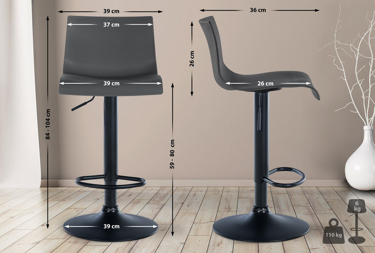 BARHOCKER 2er Set Brandon Kunststoff grau - Schwarz/Grau, Kunststoff/Metall (39/104/36cm) - TPFLiving