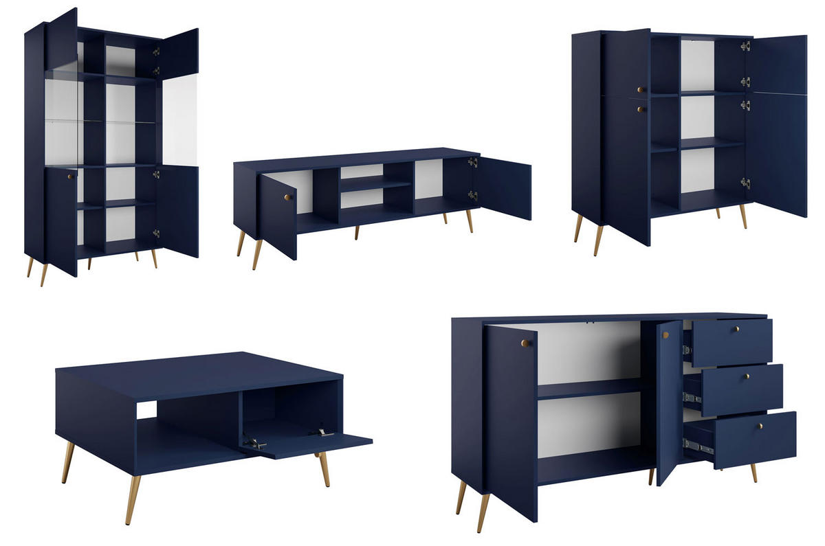 WOHNZIMMER SET 5-TEILIG Rose marineblau 522,5 / 66 / 191cm - Blau/Goldfarben, Holzwerkstoff/Metall (523/191/66cm) - Feldmann-Wohnen