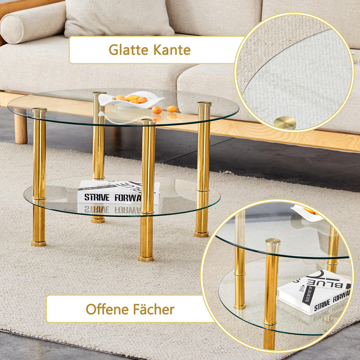 COUCHTISCH DE-129 Zweistufig Transparent Gold - Transparent, Glas (70/70/42cm) - ComfortXL