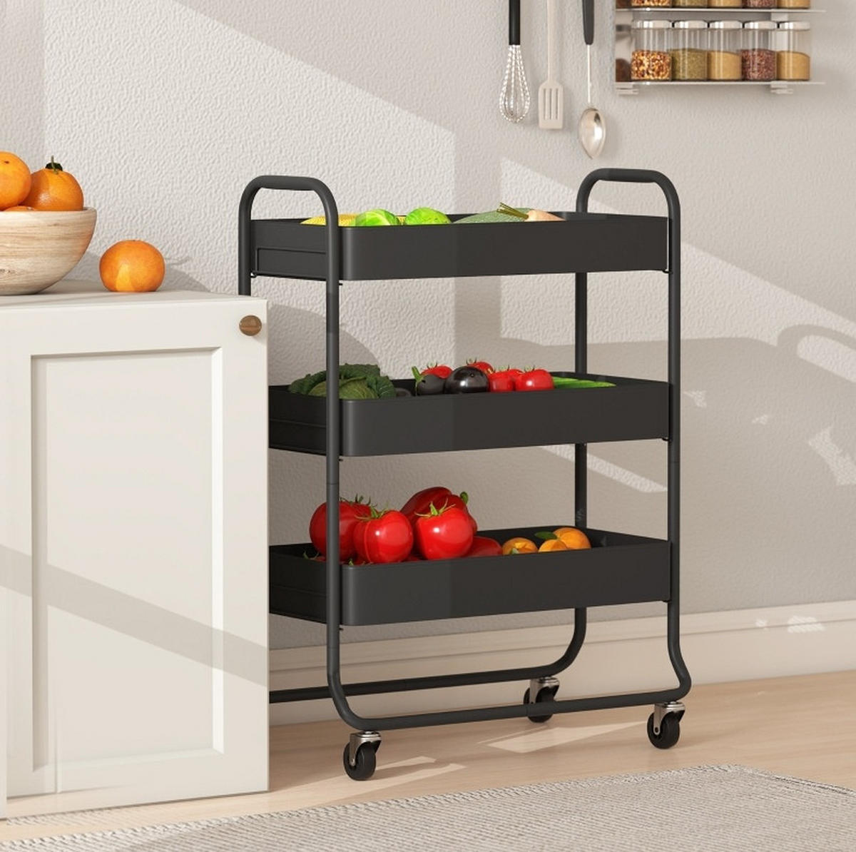 KÜCHENWOLLWAGEN 64.5x34x87cm Schwarz aus Metall mit 3 Körben & Rollen - Schwarz, Metall (34/87/64.5cm) - Modfu