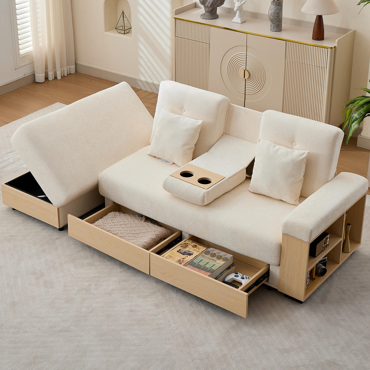 SCHLAFSOFA Beige mit Chenille-Bezug, dreistufig verstellbarer Rückenlehne und vielfältigem Stauraum 217 × 110 × 90 cm - Beige, Textil (217/90/110cm) - Luhomfu