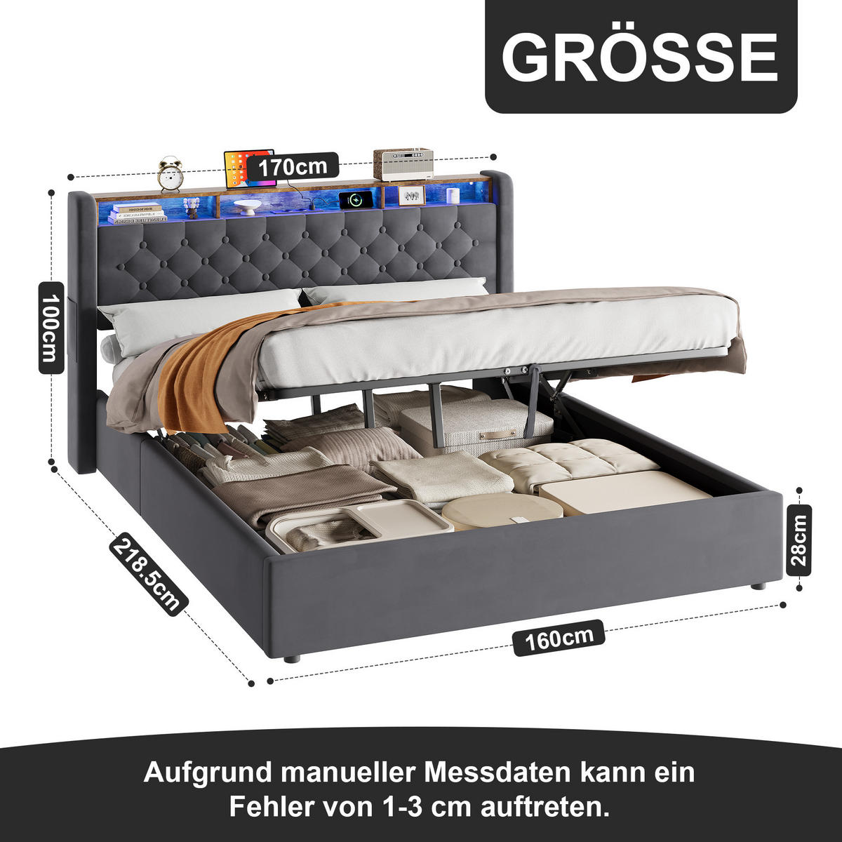 POLSTERBETT 160/200 cm in Dunkelgrau Samt mit Bettkasten, LED-Beleuchtung und USB-Anschluss - Dunkelgrau, Holzwerkstoff/Textil (160/200cm) - CHICFURN