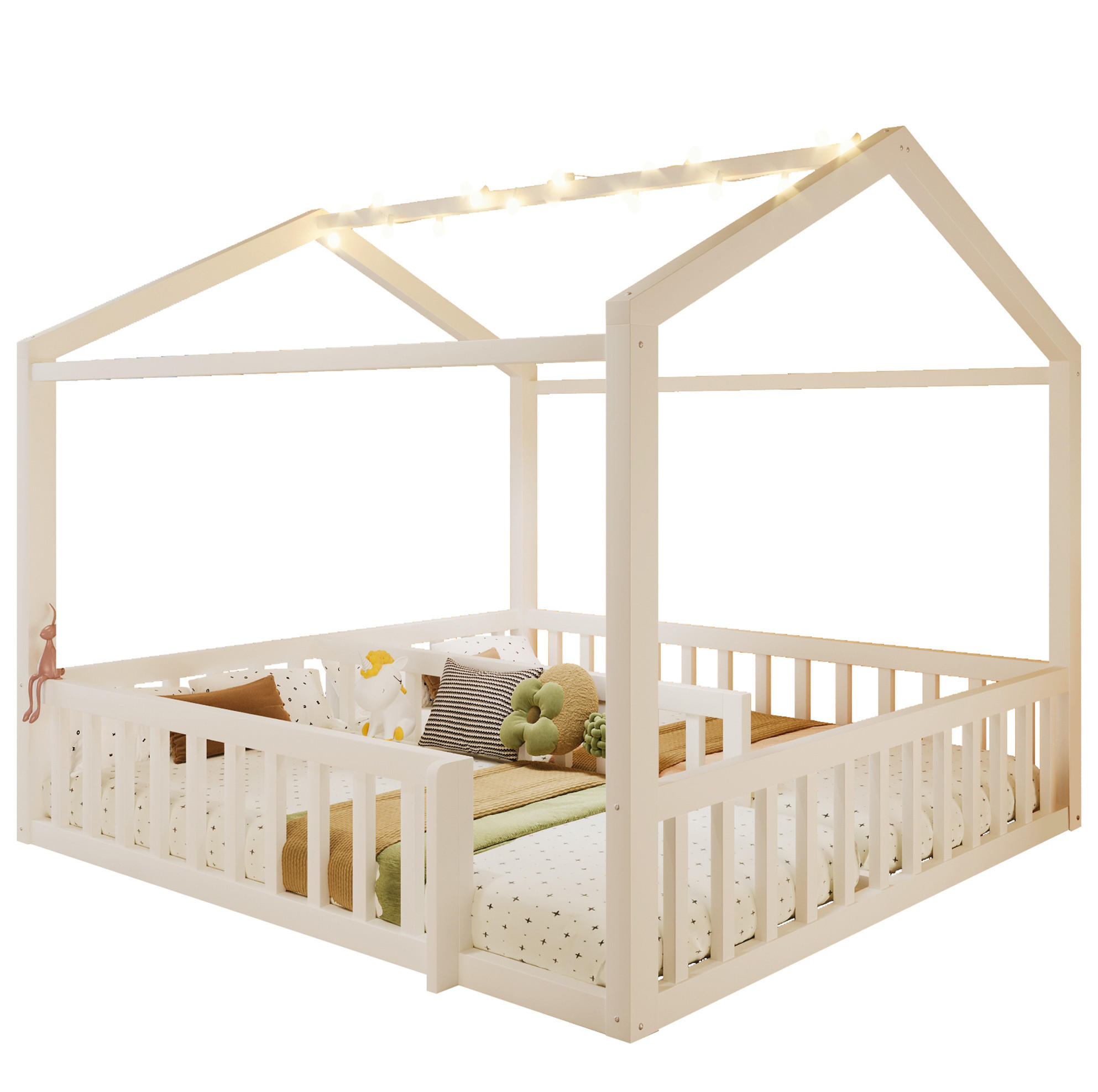 KINDERBETT 90/190 cm, teilbar zum 180/190 cm Bett, mit LED, Hausform und Rundum-Schutzgitter, Kiefer massiv, Weiß - Weiß, Holz (90/190cm) - Redom