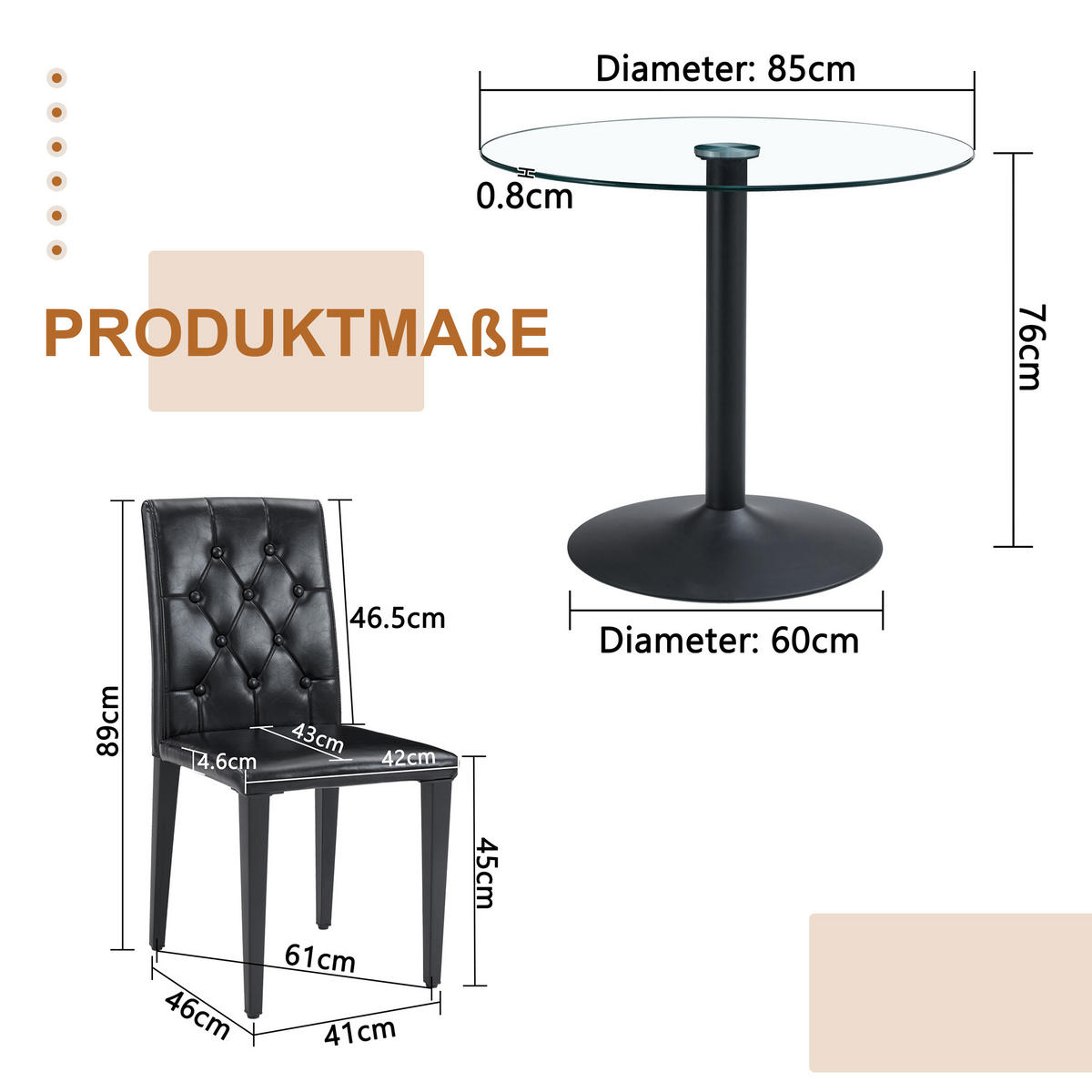 ESSGRUPPE DE-39482 5-teilig, Glastisch und 4 PU-Stühlen mit Knopfverzierung Schwarz - Schwarz, Metall (85/75/85cm) - ComfortXL