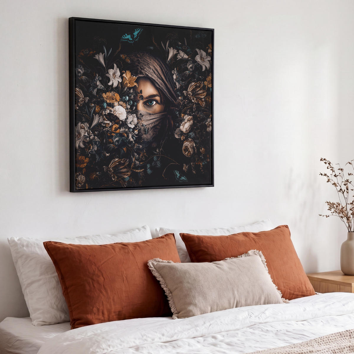 LEINWAND Bilder mit Rahmen - Frau - Luxus - Blumen - Schmetterling - Porträt - 50x50 - Schwarz, Textil (50/50cm) - MuchoWow