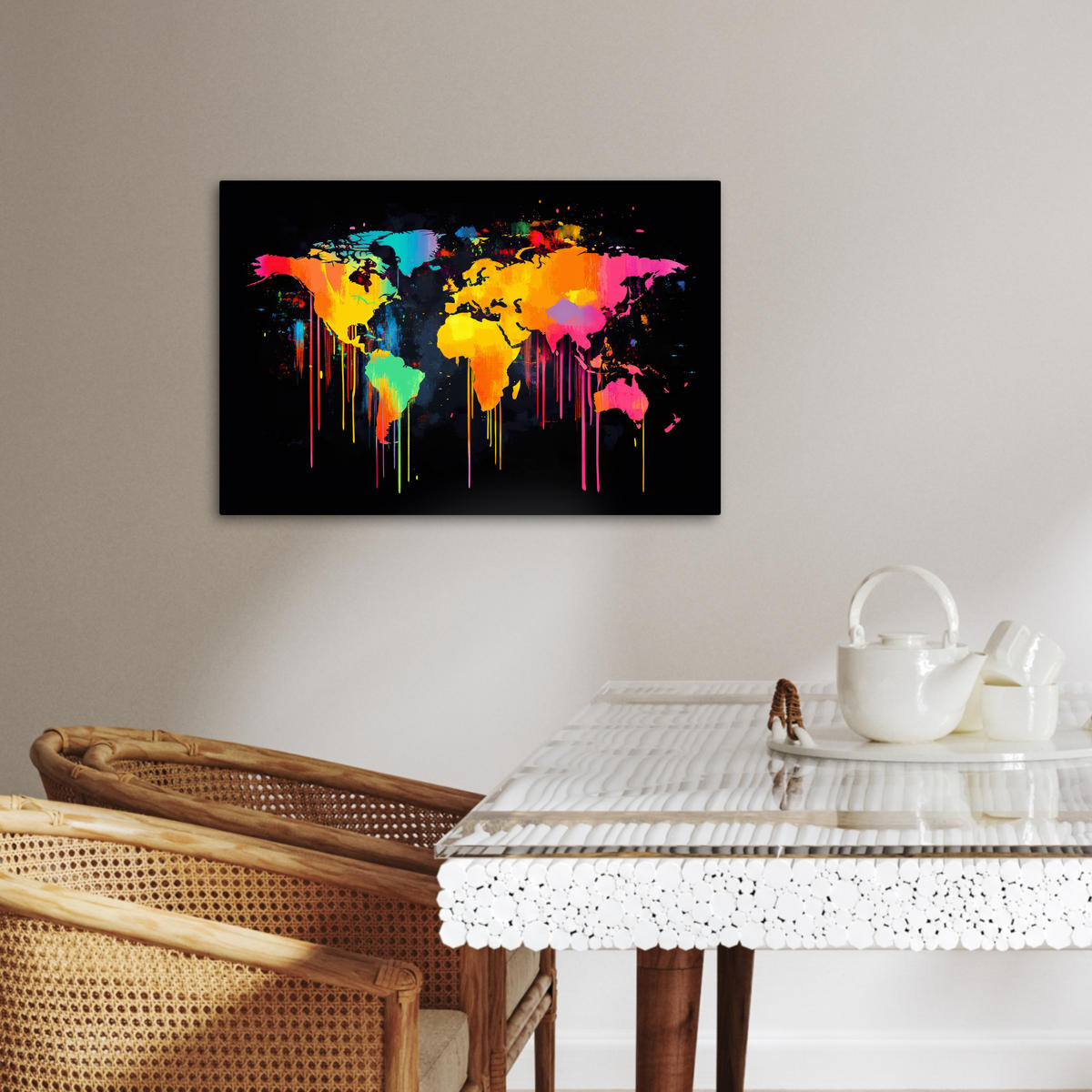 LEINWANDBILD Weltkarte - Farbe - Bunt - Graffiti - Welt Gemälde 60x40 cm - Multicolor, Textil (60/40cm) - MuchoWow