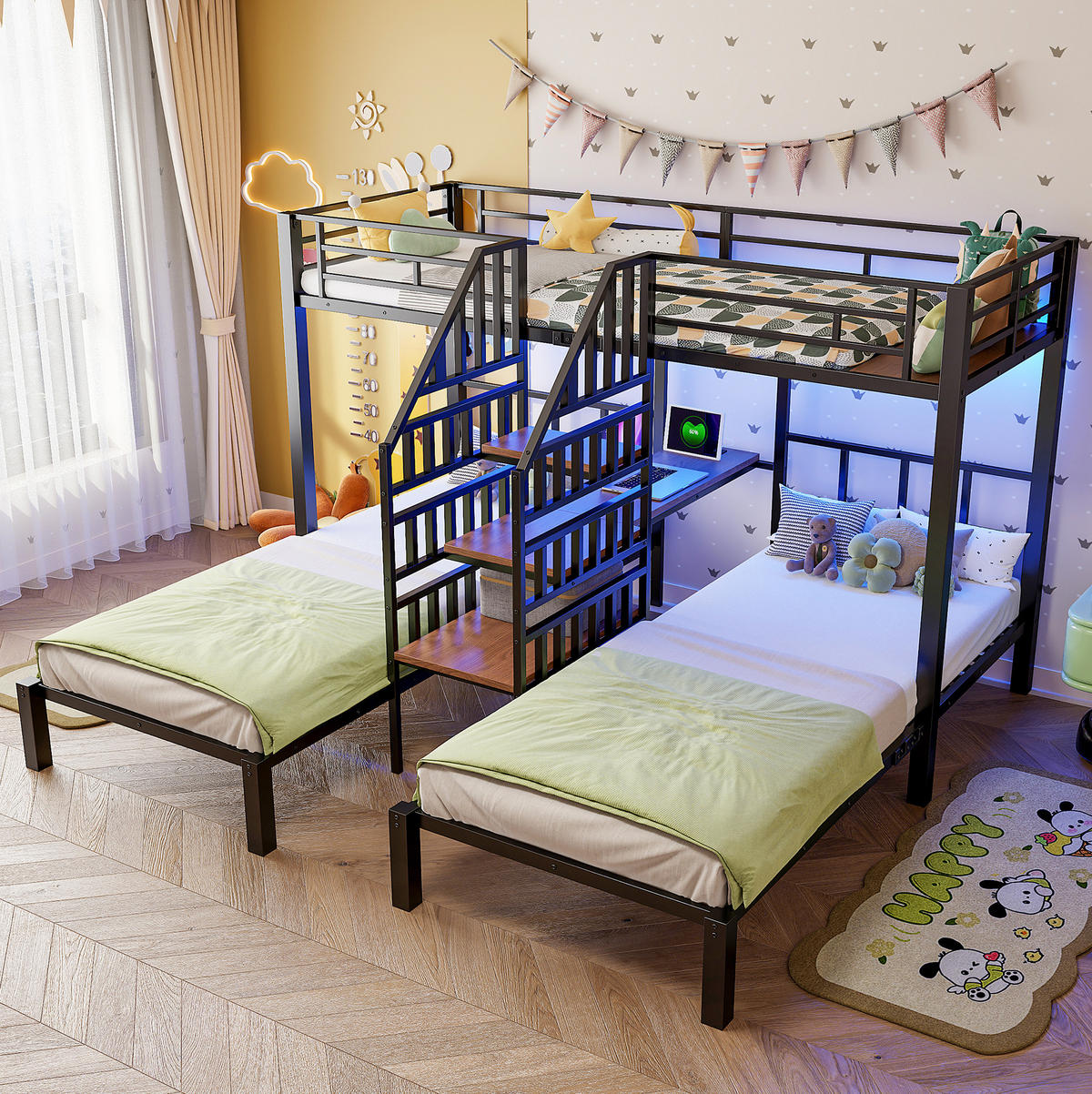ETAGENBETT aus Metall und MDF 90x200 cm Schwarz für 3 Schlafplätze mit LED, Stauraumtreppe und Schreibtisch - Schwarz, Metall (90/200cm) - IVMEU
