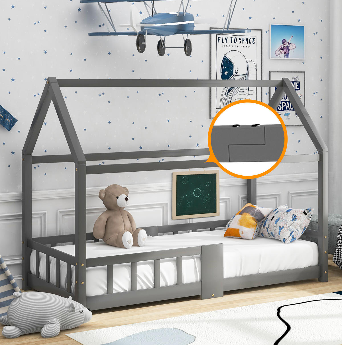 HAUSBETT 90/200 cm Grau aus Kiefer Massivholz mit Tafel und Rausfallschutz - Grau, Holzwerkstoff (90/200cm) - OKWISH