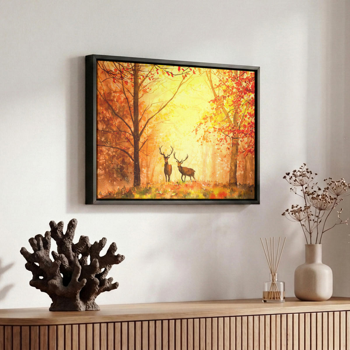 LEINWAND Bilder mit Rahmen - Natur - Ölfarbe - Hirsche - Tiere - Herbst - Orange - 30x20 - Orange, Textil (30/20cm) - MuchoWow