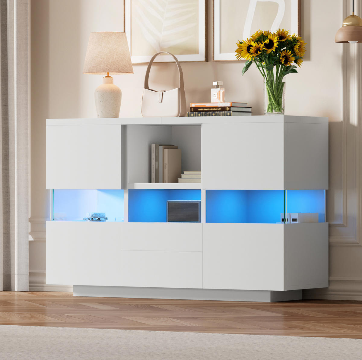 SIDEBOARD 140/35/75 cm mit LED-Beleuchtung, Glasvitrine und Schubladen, Holzwerkstoff, Weiß - Weiß, Holzwerkstoff (140/75/35cm) - Redom