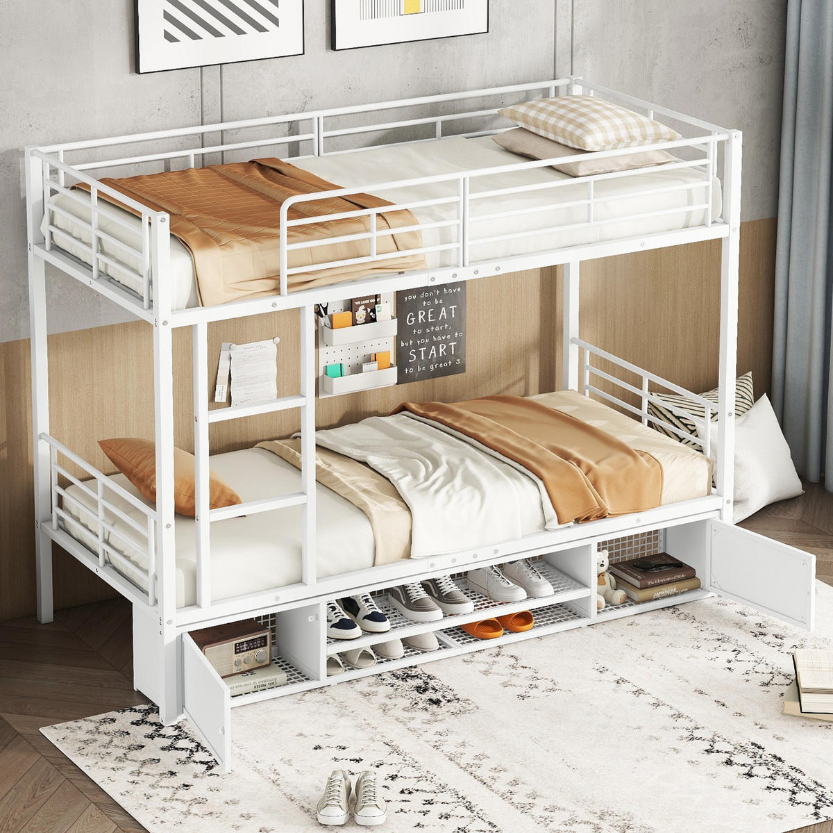 ETAGENBETT aus Metall 90x200 cm Weiß mit 3-stufiger Leiter, Fallschutz und Schuhablage mit Schrank - Weiß, Metall (90/200cm) - Modfu