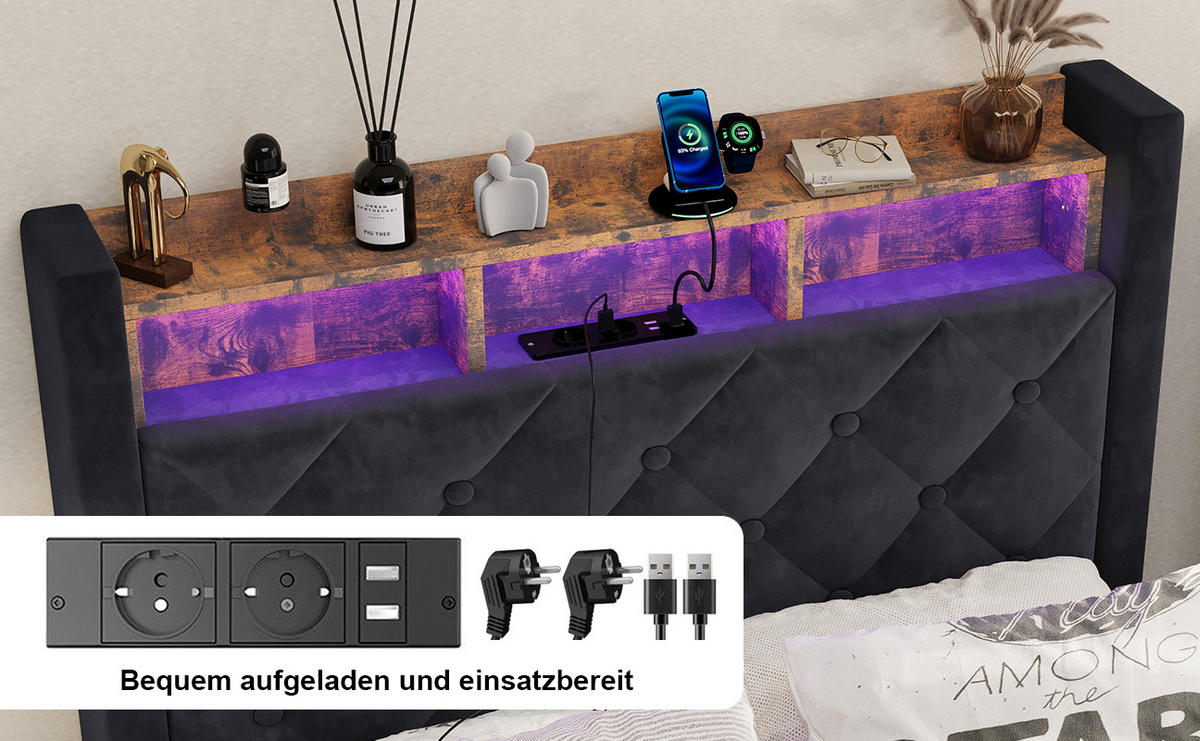 POLSTERBETT 90/200 cm aus Samt in Dunkelgrau, LED, USB, Kopfablage, Gasdruckstauraum - Grau, Textil (90/200cm) - OKMYHOME
