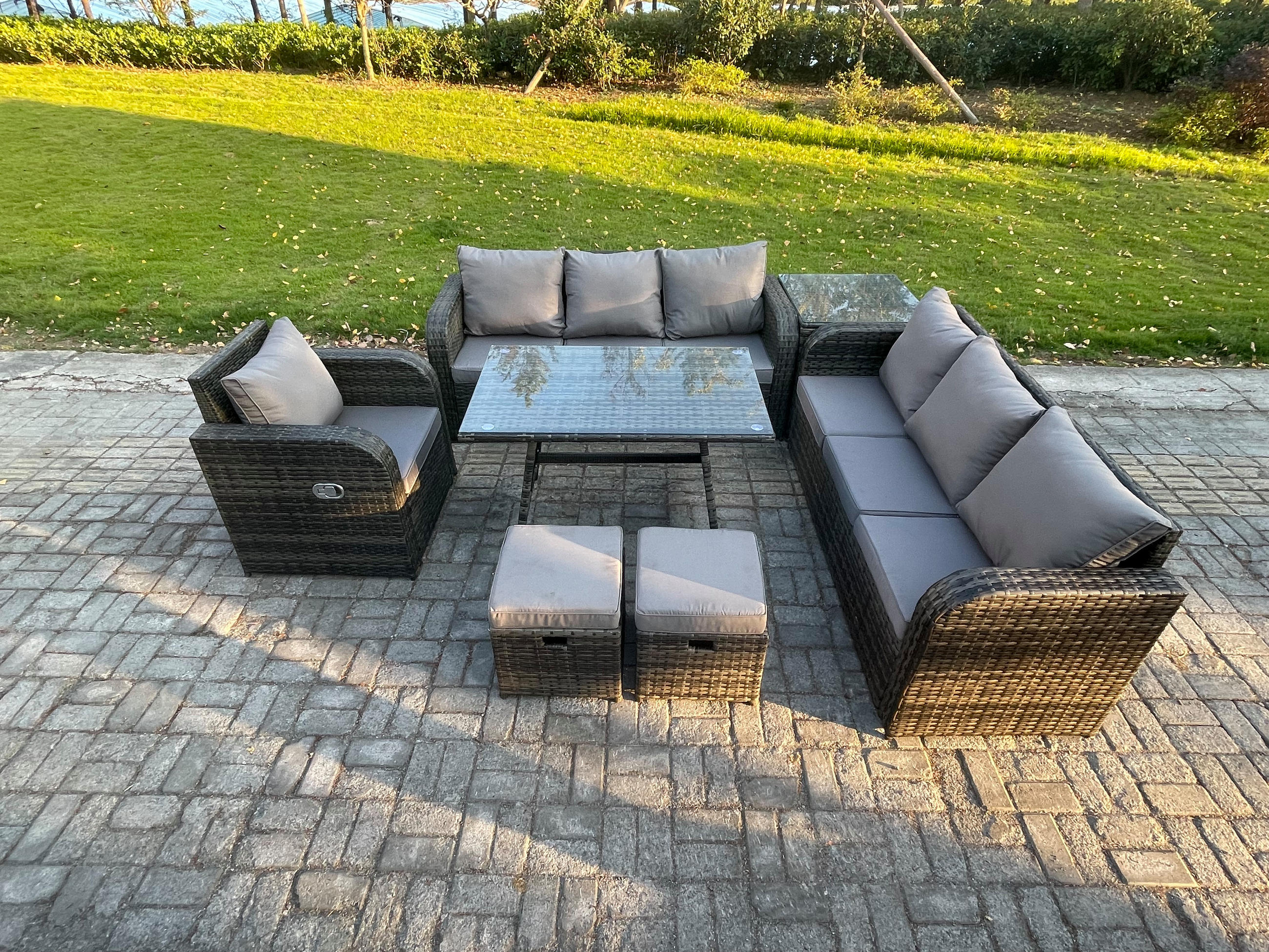 GARTENSET Hohe Rückenlehne Polyrattan 9-Sitzer - Dunkelgrau/Grau, Glas/Kunststoff - Fimous