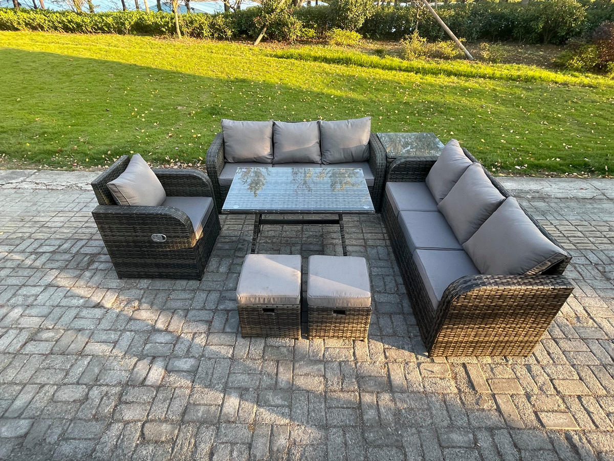 GARTENSET Hohe Rückenlehne Polyrattan 9-Sitzer - Dunkelgrau/Grau, Glas/Kunststoff - Fimous