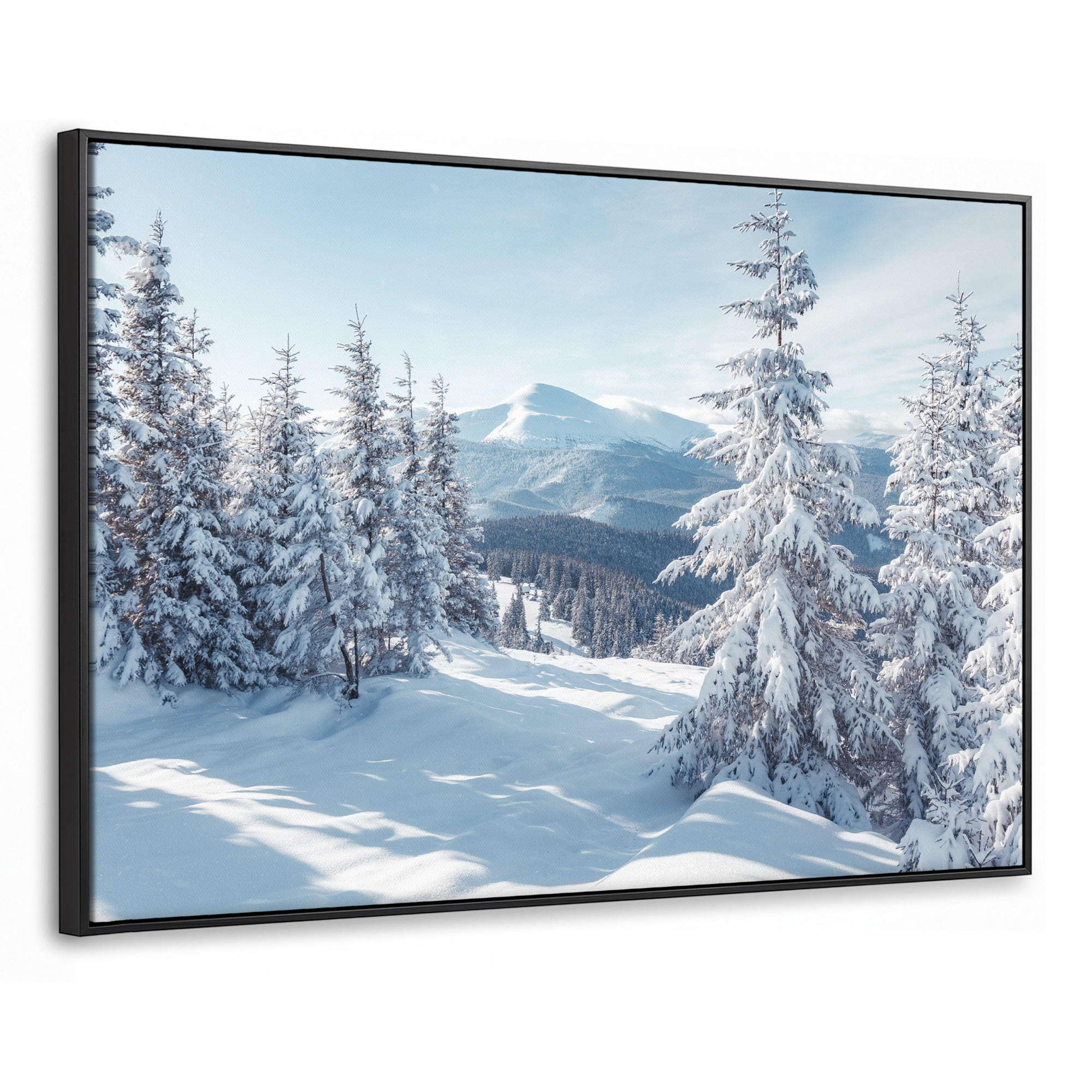 LEINWAND Bilder mit Rahmen - Winterlandschaft - Natur - Berge - Bäume - Schnee - 90x60 - Hellblau, Textil (90/60cm) - MuchoWow