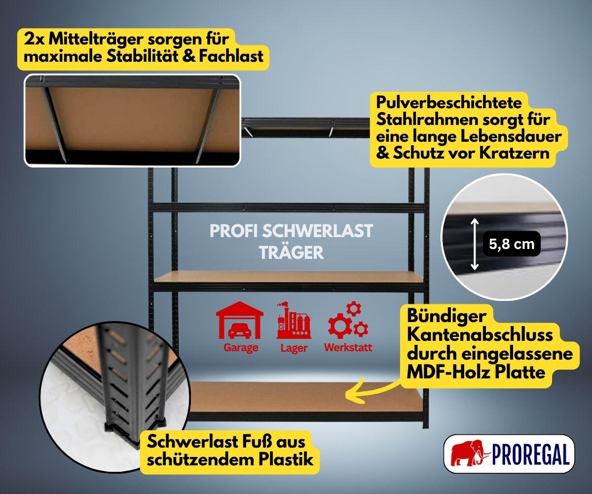 SCHWERLASTREGAL Taurus XL 180x160x60 cm Fachlast 250 kg Schwarz - Schwarz, Metall (160/180/60cm) - PROREGAL