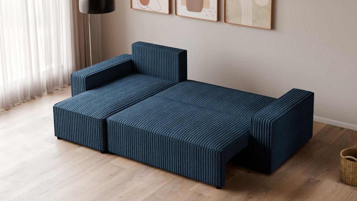 ECKSOFA Tobi mit Bettkasten und Schlaffunktion, L-Form, Cordstoff, Universal - Dunkelblau, Holzwerkstoff (246/145cm) - 4ALL HOME