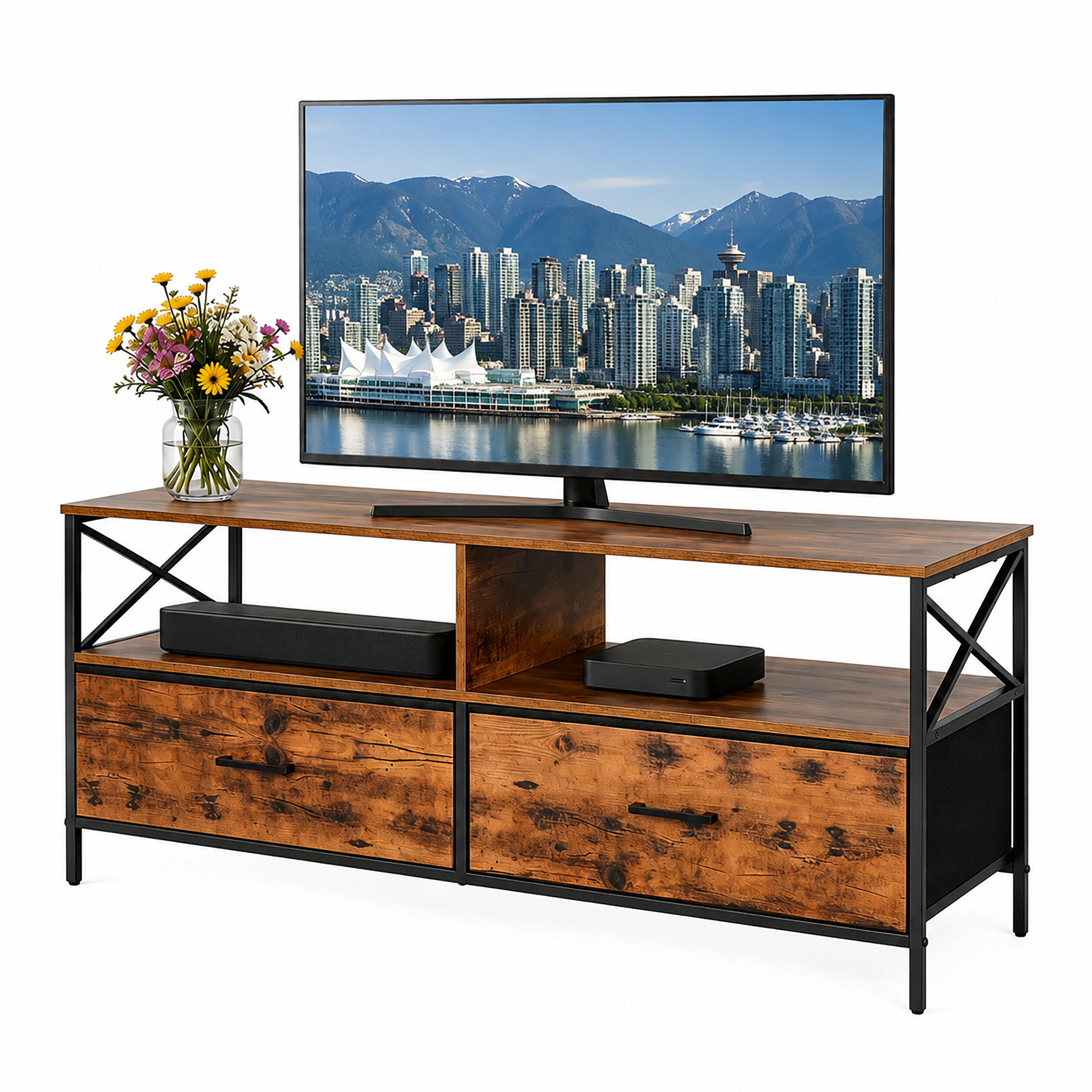 TV-LOWBOARD Industrial-Schwarz Stoffschubladen 120 cm - Braun, Holzwerkstoff/Textil (120/50/40cm) - Relaxdays