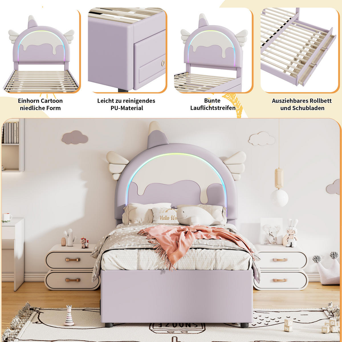 KINDERBETT Einhornform 90/200 cm Violett mit ausziehbarem Rollbett - Violett, Textil (90/200cm) - MIVRAY