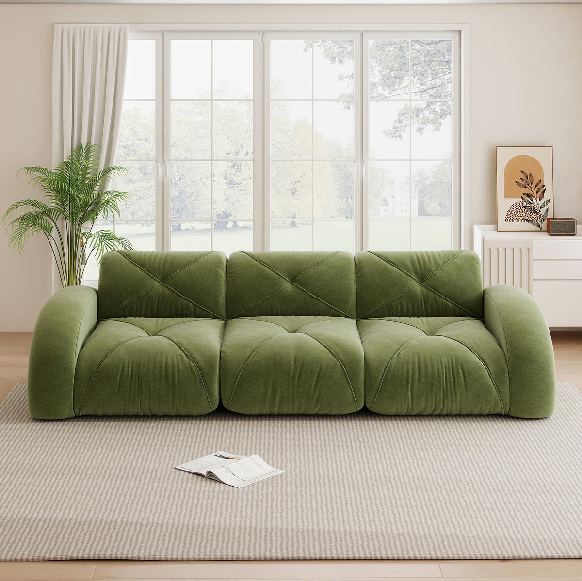 3-SITZER Sofa rahmenlos mit Chenille-Bezug, 32D-Schaumstoff und flexiblem Aufbau, Grün - Grün, Textil (281/76/95cm) - Redom