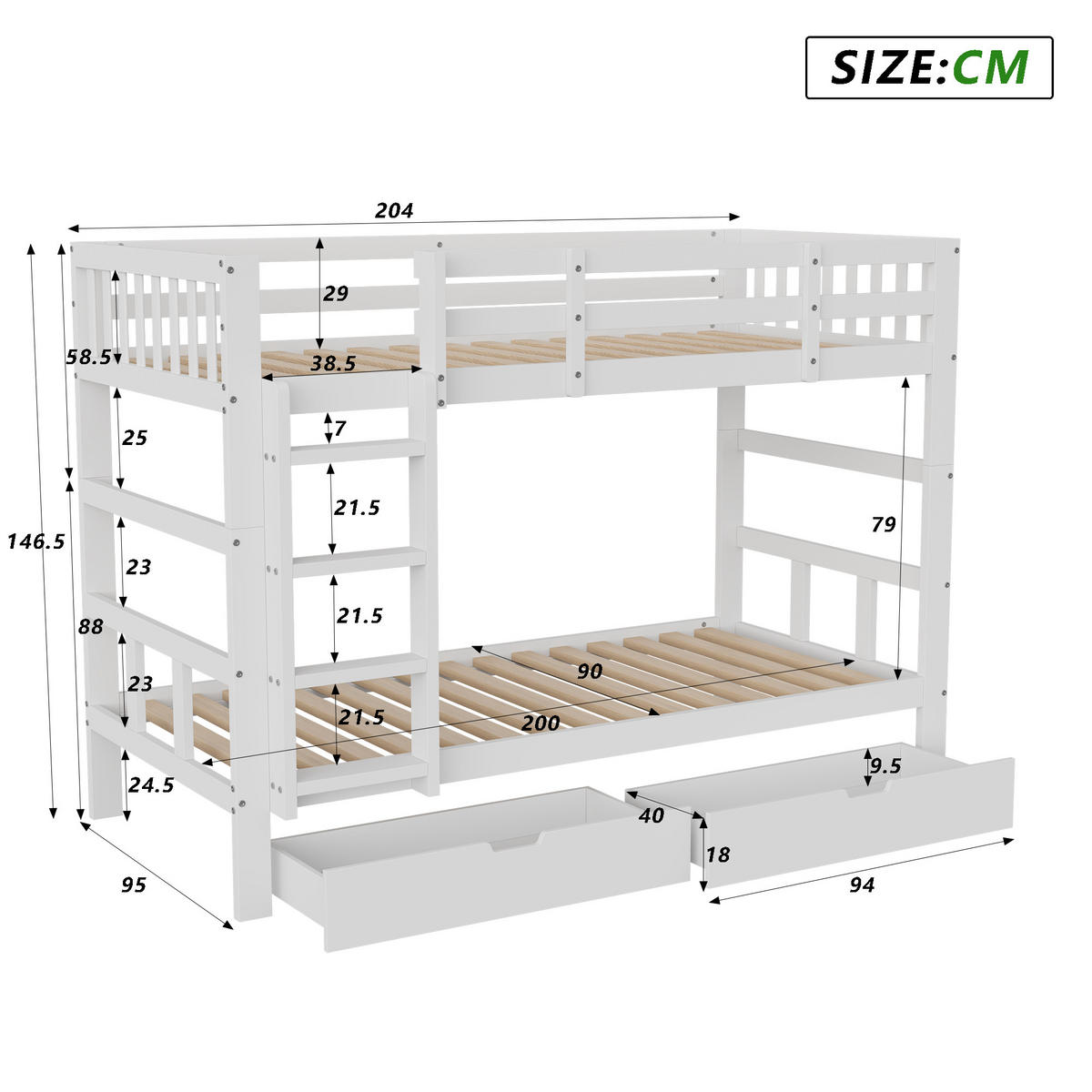 ETAGENBETT 90x200 cm, Schubladen, Weiß - Weiß, Holz
