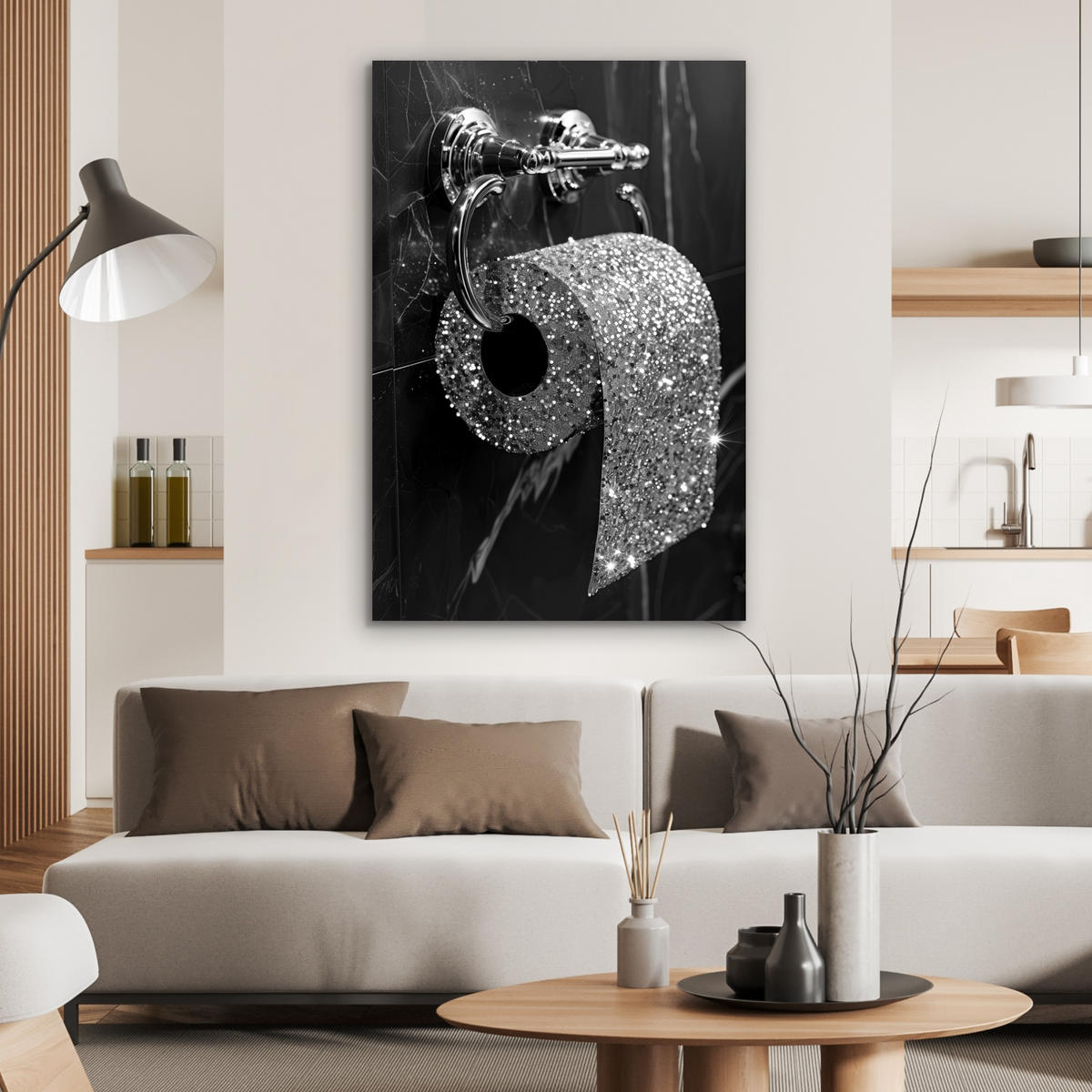 METALLBILD WC - Toilettenpapier - Schwarz und weiß - Glitter 60x90 cm - Silberfarben, Metall (60/90cm) - MuchoWow