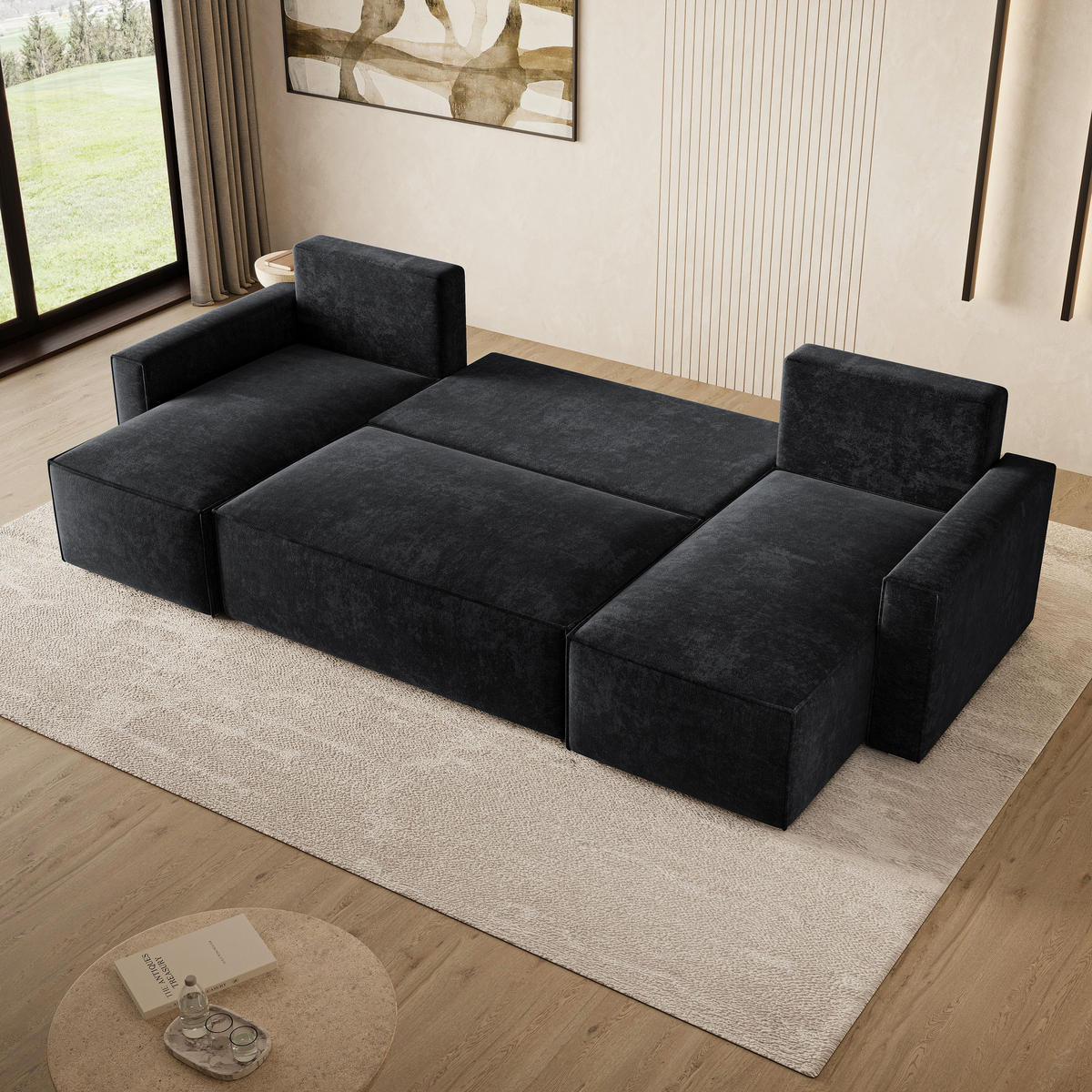 WOHNLANDSCHAFT ASPRA LM Schwarz Chenille mit Schlaffunktion - Schwarz, Holz (295/85/140cm) - MASSENO