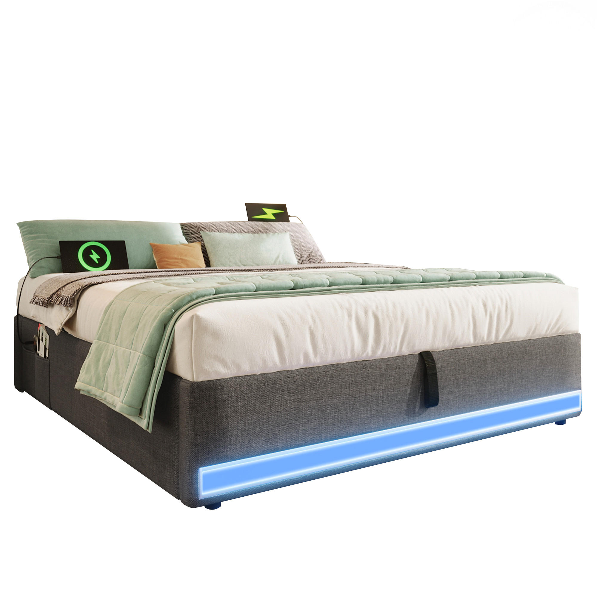 POLSTERBETT 140/200 cm mit LED-Leiste, USB- und Typ-C-Anschluss, hydraulischem Bettkasten und Seitentaschen, Grau - Grau, Textil (140/200cm) - Redom
