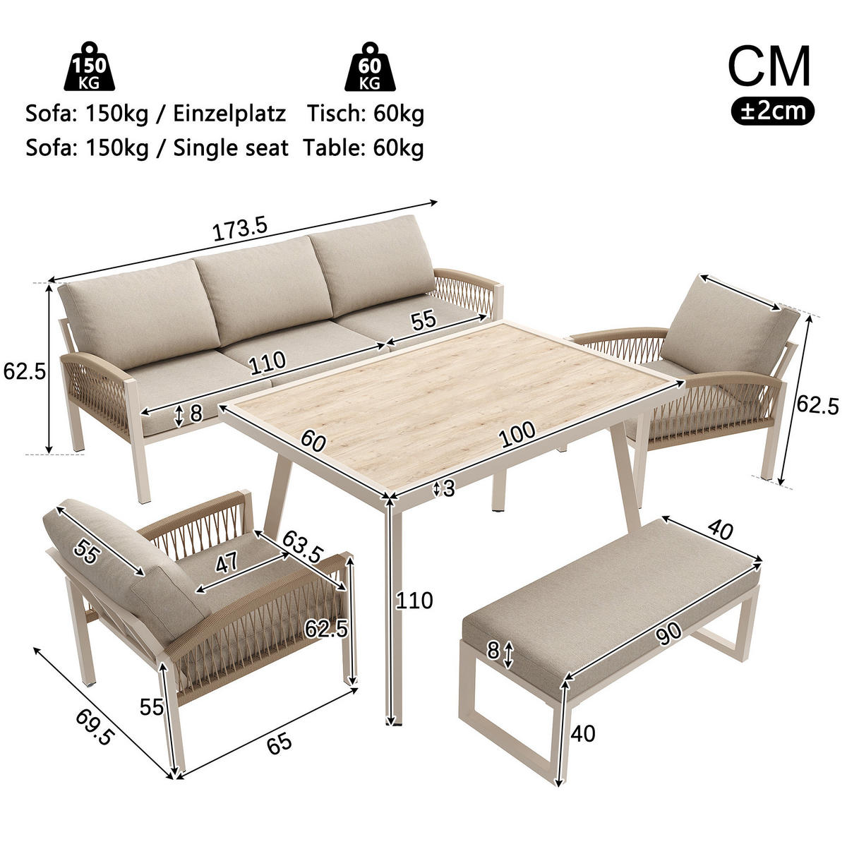 GARTEN-LOUNGE-SET für 7 Personen mit Stahlrahmen & Coffeetable Glas in Holzoptik, 173,5/65/62,5 cm, Beige - Beige, Metall - Redom