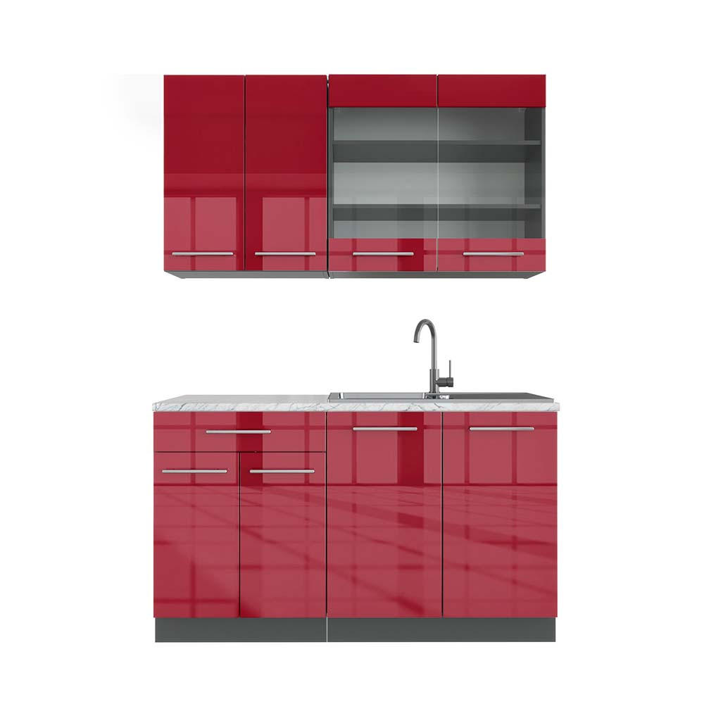 SINGLEKÜCHE Fame-Line Bordeaux Hochglanz/Anthrazit 140 cm, AP Marmor - Bordeaux/Anthrazit, Holzwerkstoff (140/81.6/60cm) - Vicco