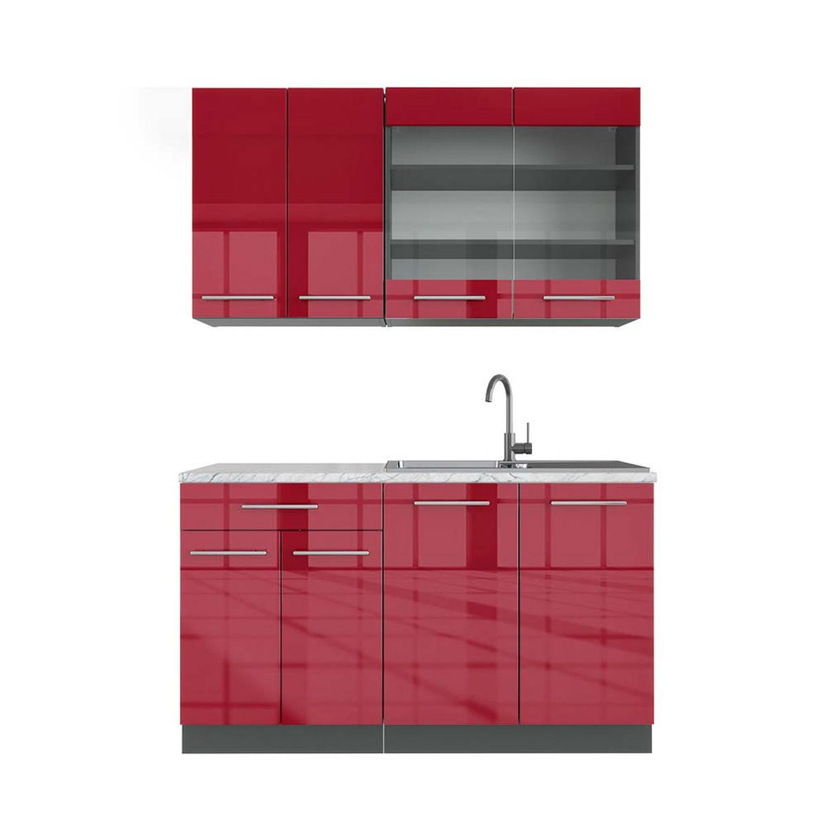 SINGLEKÜCHE Fame-Line Bordeaux Hochglanz/Anthrazit 140 cm, AP Marmor - Bordeaux/Anthrazit, Holzwerkstoff (140/81.6/60cm) - Vicco