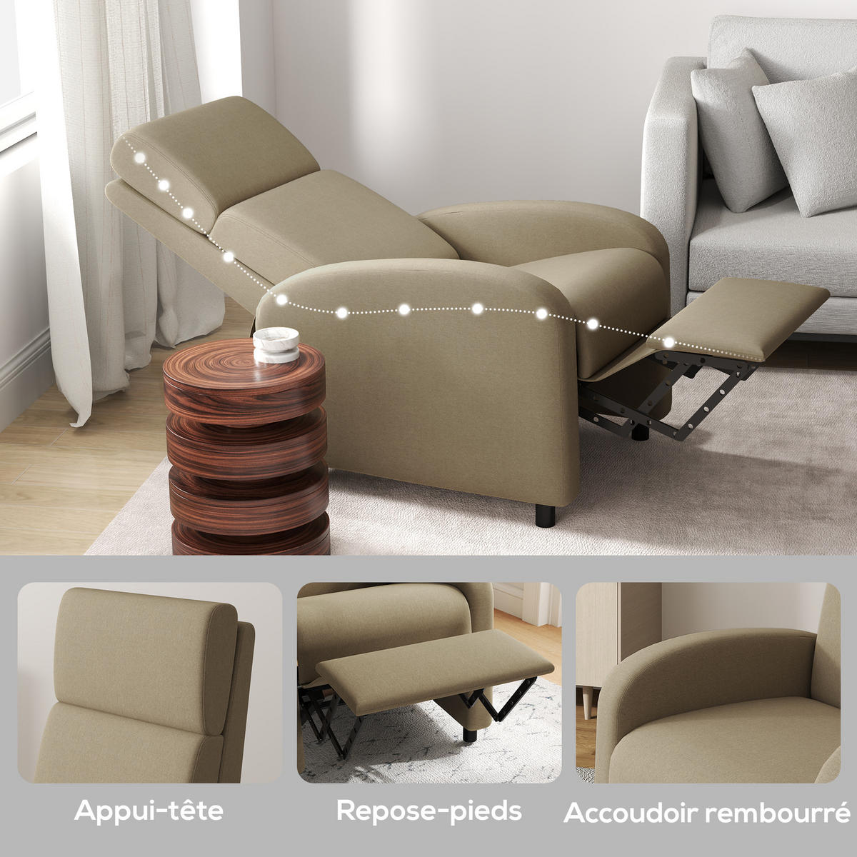 RELAXSESSEL DE-15379 160° neigbar mit integrierter Fußstütze - Beige, Textil (86/102/64cm) - ComfortXL