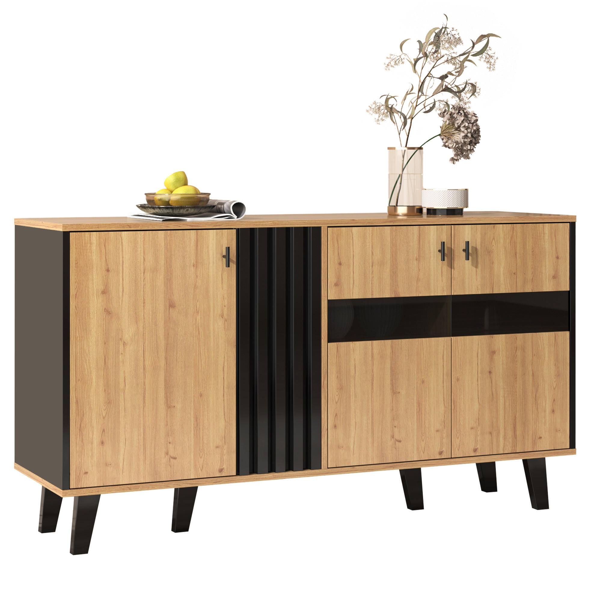 SIDEBOARD 140/78,5/41 cm z dřevotřísky a skla v přírodní a černé barvě s LED osvětlením - přírodní, kompozitní dřevo (140/78/41cm) - Modenvie