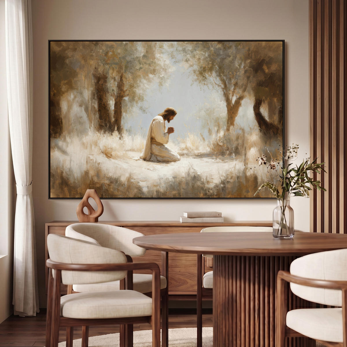 LEINWAND Bilder mit Rahmen - Jesus - Kniend - Waldlandschaft - Betend - 120x80 - Beige, Textil (120/80cm) - MuchoWow