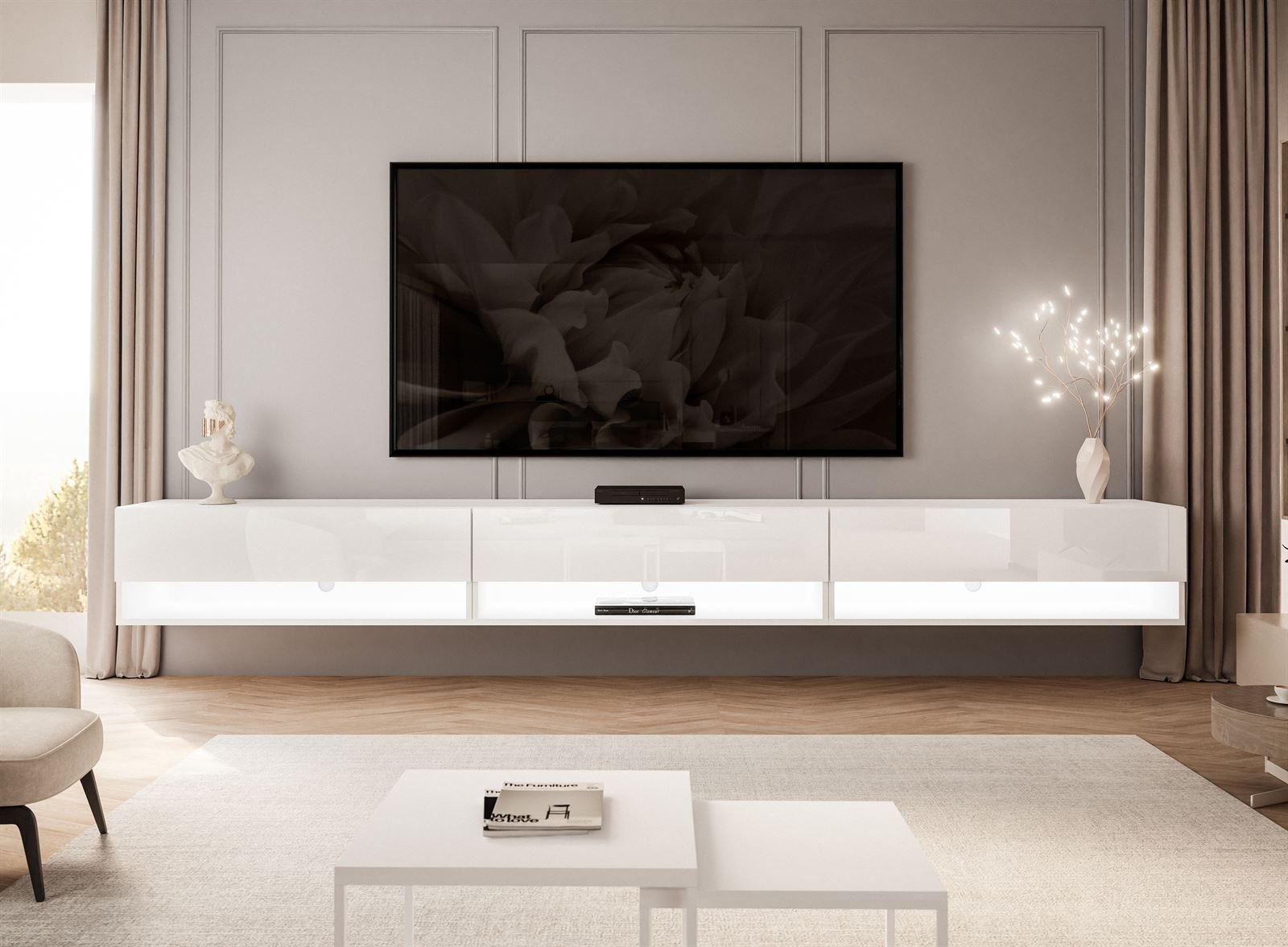 Thumbnail - Lookway Hängeschrank, Weiß Hochglanz, Holzwerkstoff, 3 Fächer, Rechteckig, 270x30x35 cm, Wohnzimmer, Wohnwände, Lowboard...