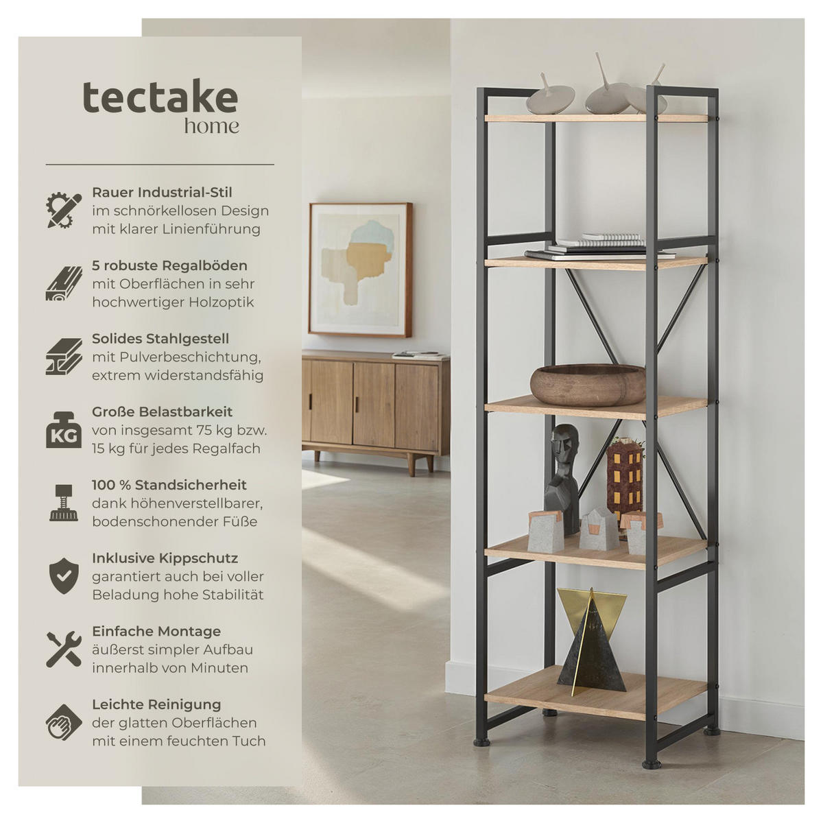 REGAL Manchester,inklusive Kippschutz, 47,5 x 34,5 x 151,5 cm,Industrial Holz hell, Eiche Sonoma - Naturfarben, Holz (34.5/151.5/47.5cm) - tectake