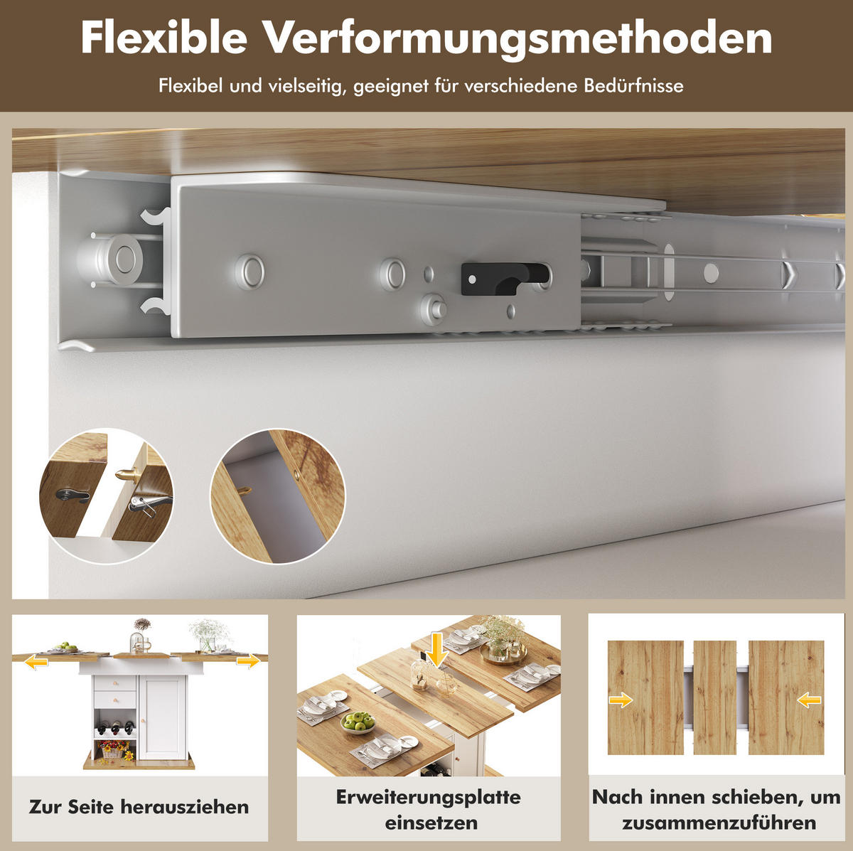 AUSZIEHBARER Esstisch MDF mit Stauraum & Weinregal, 110-140/80/75 cm, Natur/Weiß - Weiß, Holzwerkstoff (110/80/75cm) - Redom