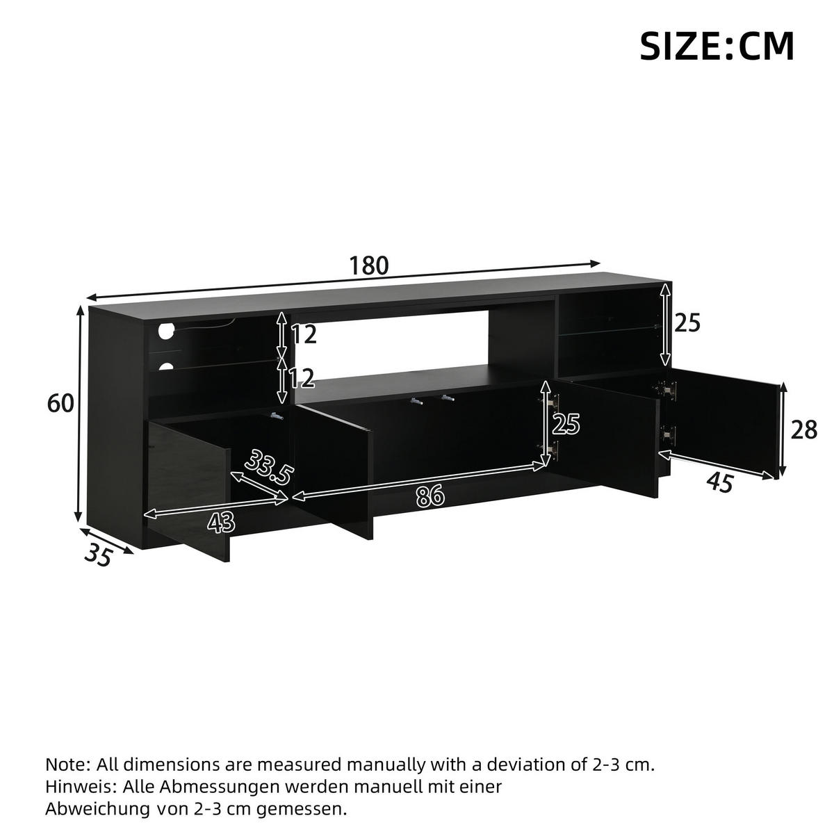 TV SKŘÍŇKA v černé barvě s LED osvětlením do obýváku, Š180/H35/V60 cm - černá, kompozitní dřevo/sklo (180/60/35cm) - STILVORA