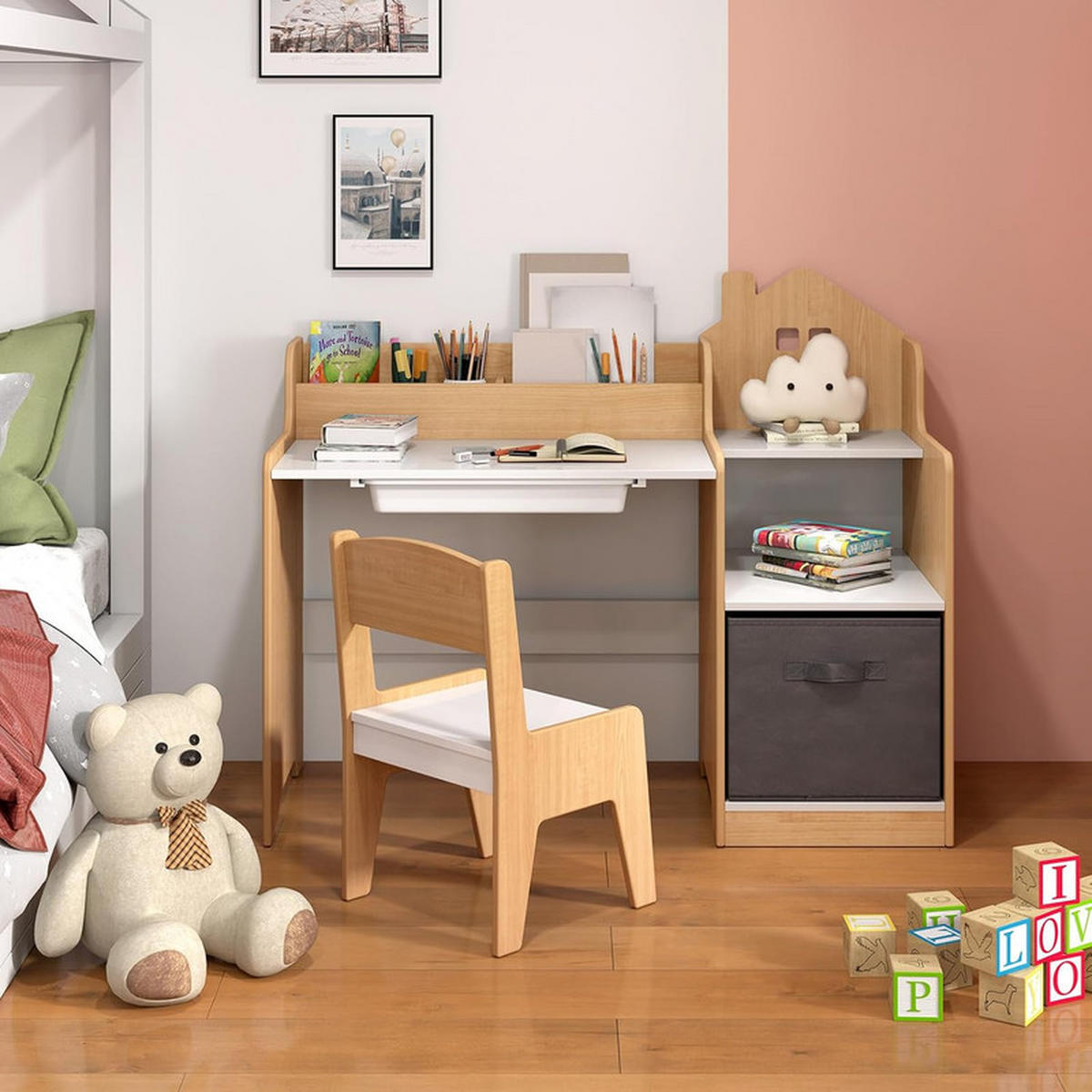 KINDERSCHREIBTISCHE mit Stühlen natur(2-tlg) - Naturfarben, Holzwerkstoff (94/76.5/50cm) - COSTWAY
