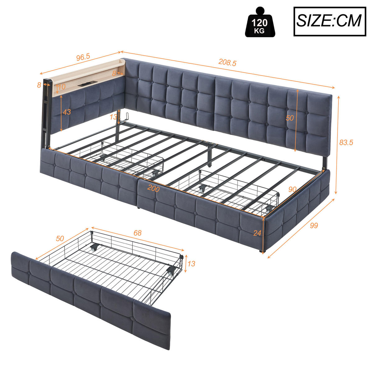 POLSTERBETT 90x200 cm mit 2 Schubladen in Dunkelgrau - Dunkelgrau, Textil (90/200cm) - KOMHTOM