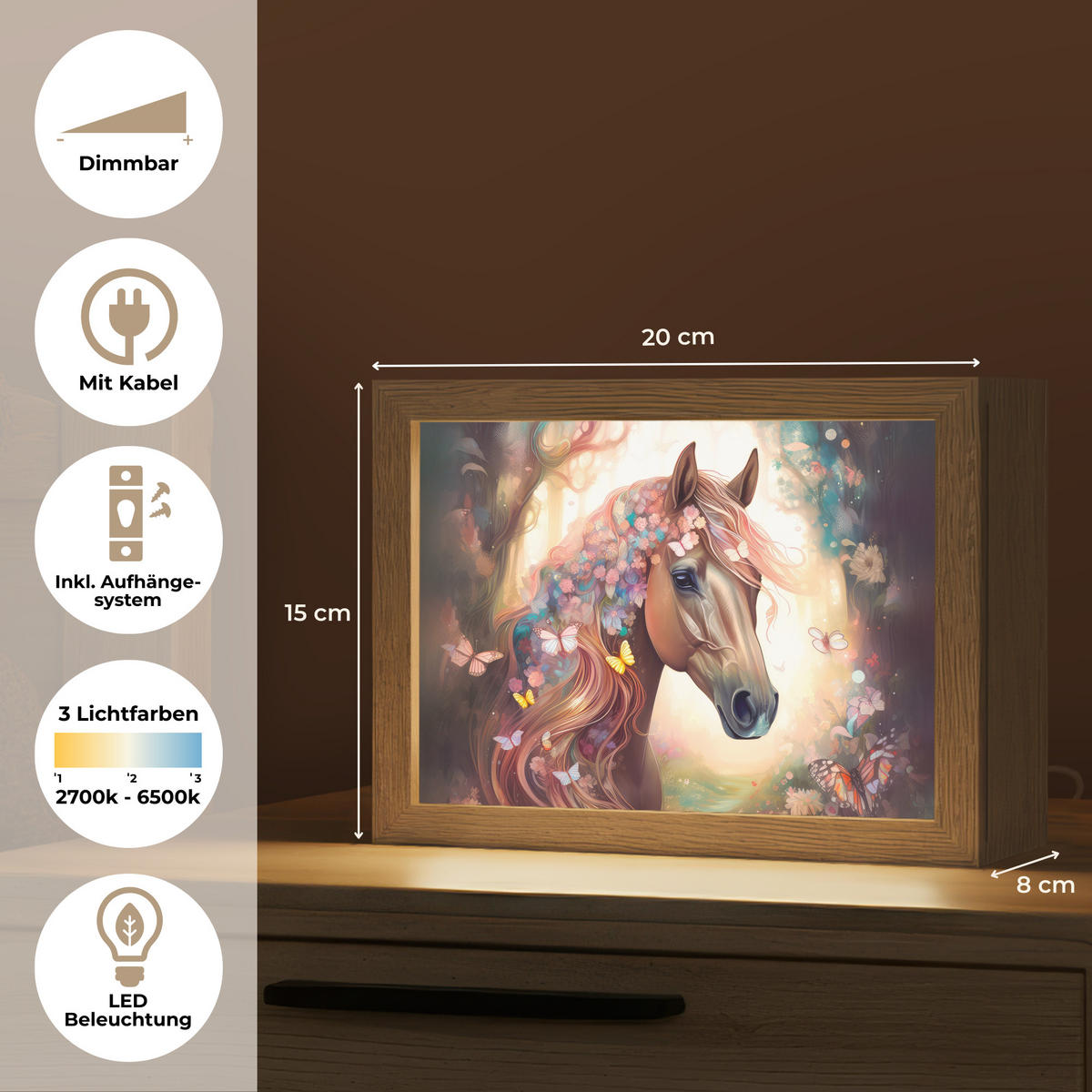 NACHTTISCHLAMPE Pferd - Natur - Blumen - Schmetterlinge - Wald 20x15 cm - Dunkelbraun, Holzwerkstoff (8/20/15cm)