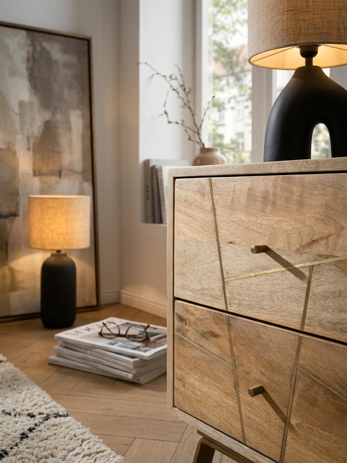 NACHTTISCH – Mango Massivholz, Metallstreifen, rustikal, Farbverlauf - Goldfarben/Braun, Holz/Metall (40/56/40cm) - KADIMA DESIGN