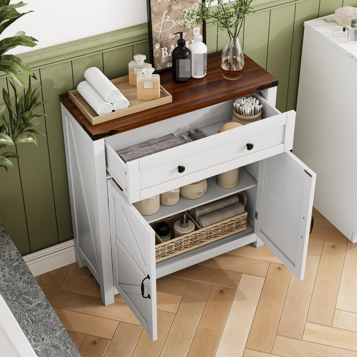 WASCHBECKENUNTERSCHRANK 76x30x83 cm Weiß & Walnuss mit Schublade, Scheunentoren & Walnussplatte - Weiß, Holzwerkstoff (76/83/30cm) - Modfu