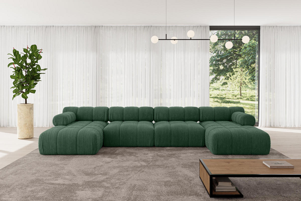 WOHNLANDSCHAFT modulares Sofa Tesso-U2 - 380x160x70 cm Grün Cord - Grün, Holzwerkstoff/Textil (380/70/160cm) - ALTDECOR