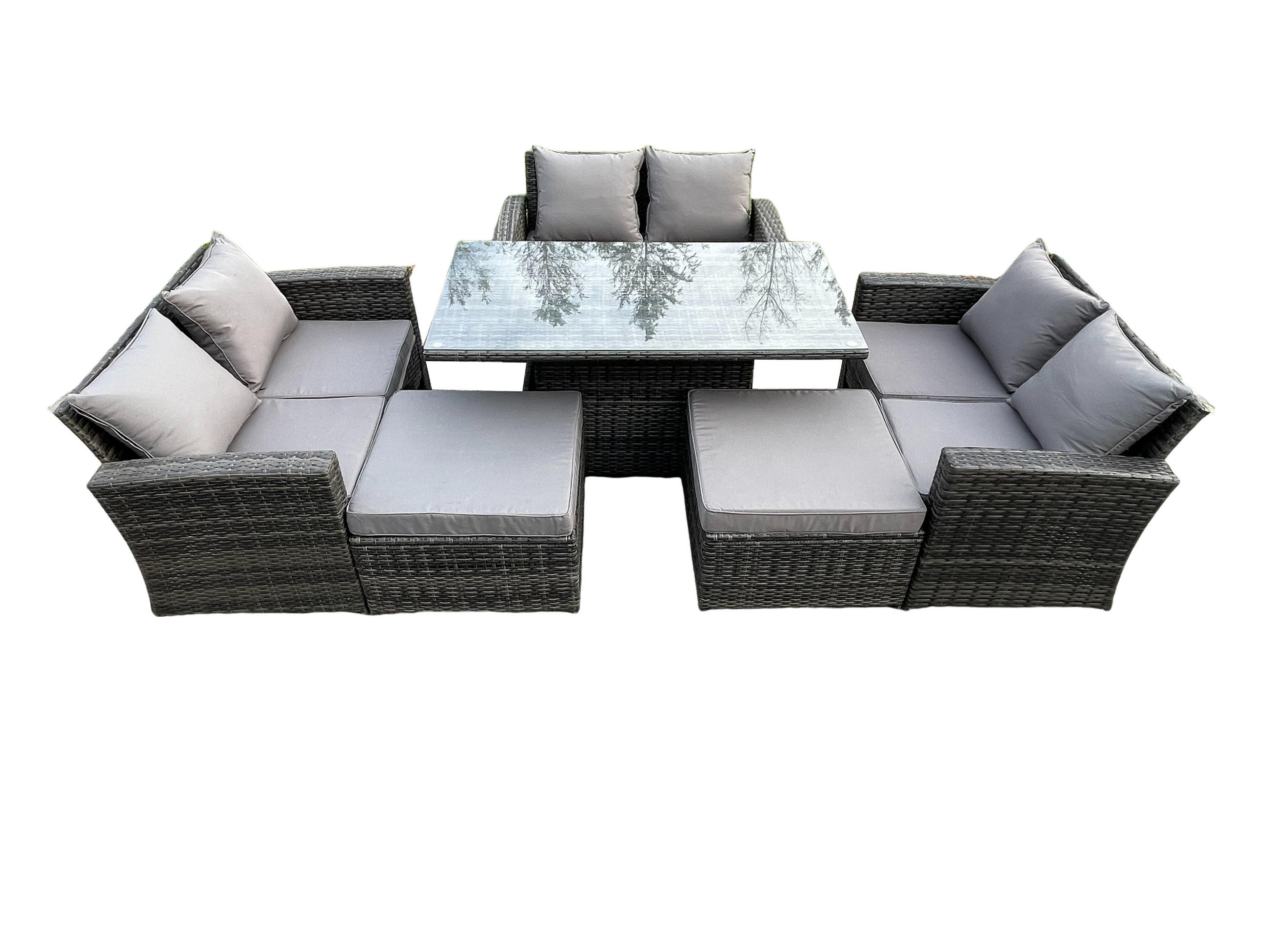 GARTENMÖBEL-SET HÖHENVERSTELLBARER ESSTISCH MIT 2 HOCKER DOPPELSITZ-SOFA Polyrattan Dunkelgrau Gemischt 8-Sitzer - Dunkelgrau, Metall - Fimous