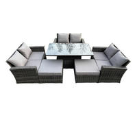 GARTENMÖBEL-SET HÖHENVERSTELLBARER ESSTISCH MIT 2 HOCKER DOPPELSITZ-SOFA Polyrattan Dunkelgrau Gemischt 8-Sitzer - Dunkelgrau, Metall - Fimous